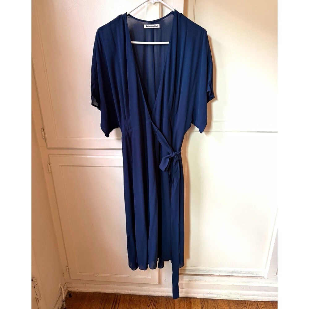 Reformation Winslow Navy Wrap Dress, Hemmed to Midi Length